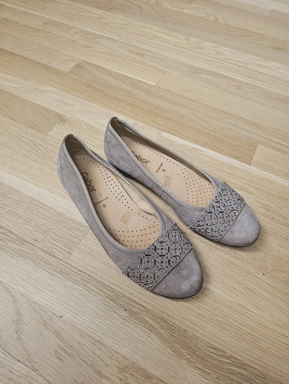 Gabor Leather Perforated Laser Floral Hovercraft Ballet Flats – Suede Taupe